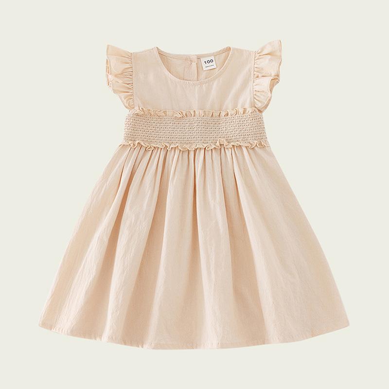 Girls Summer Solid Smocked Short Sleeve Dress Casual Children Cotton Blend A Line Sundress For Kids