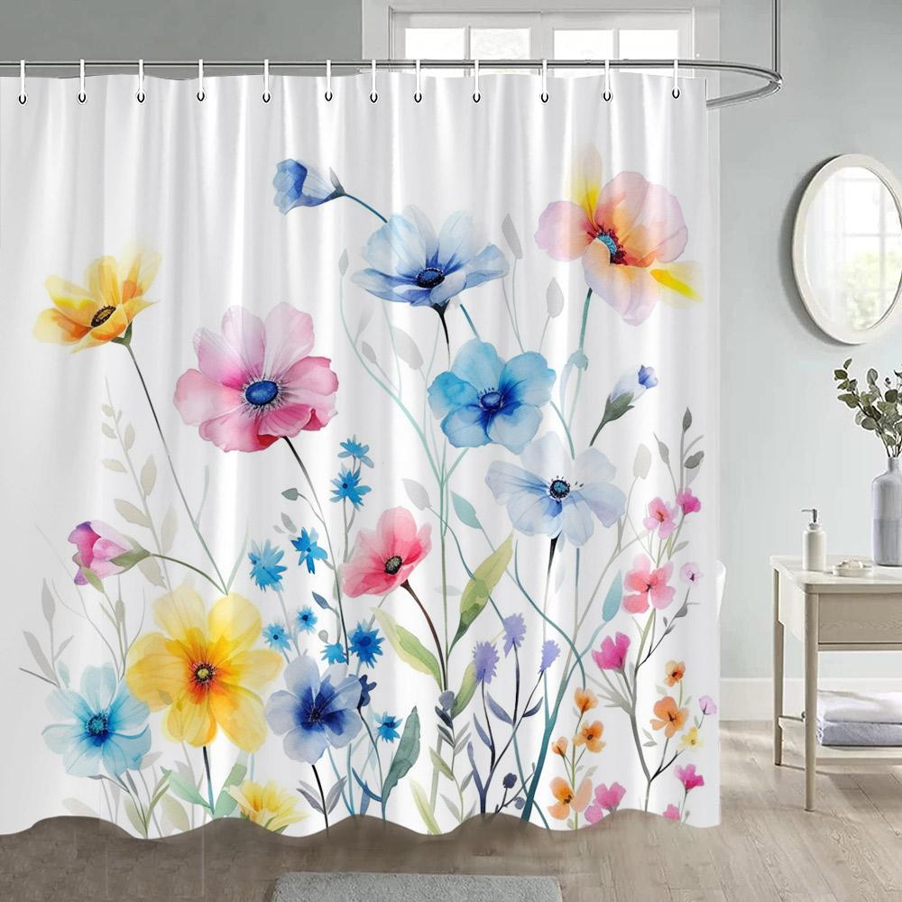 Floral Shower Curtains Watercolour Blue Purple Flowers Butterfly Leaves Plant Bath Curtain Polyester Bathroom Decor with Hooks