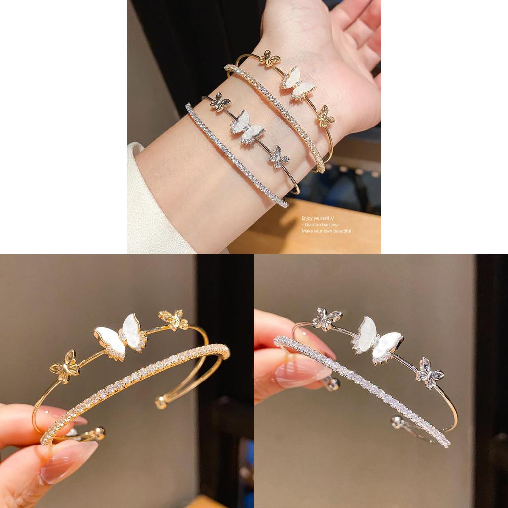 Fashion Butterfly Zircon Double Layer Hollow Cuff Bracelet For Elegant Women
