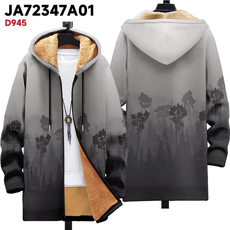 Winter Hooded Zip-up Cotton Jacket Teens British Style 3D Print Fleece Lined Loose Fit Outdoor Wear