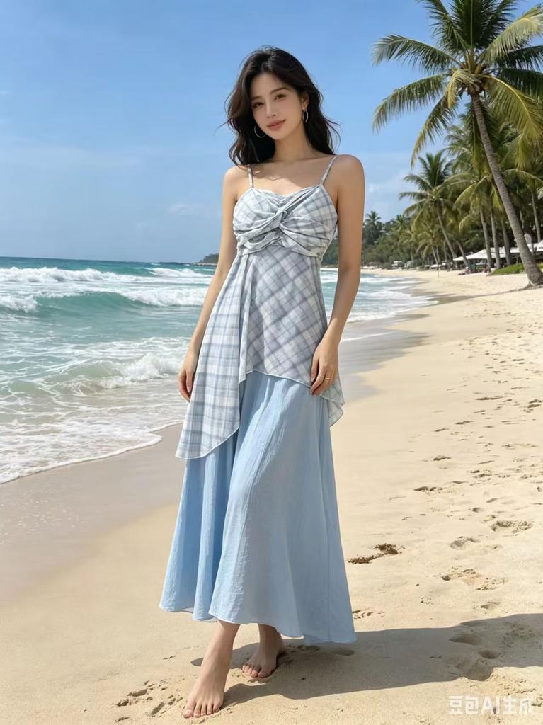 French Suspender Dress Summer New Seaside Vacation Long Dress Plaid Gentle Wind Pure Desire Wind Beach Dress