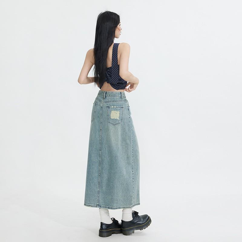 Vintage High Waist Denim Midi Skirt Split A-line Hip Wrap Casual Women