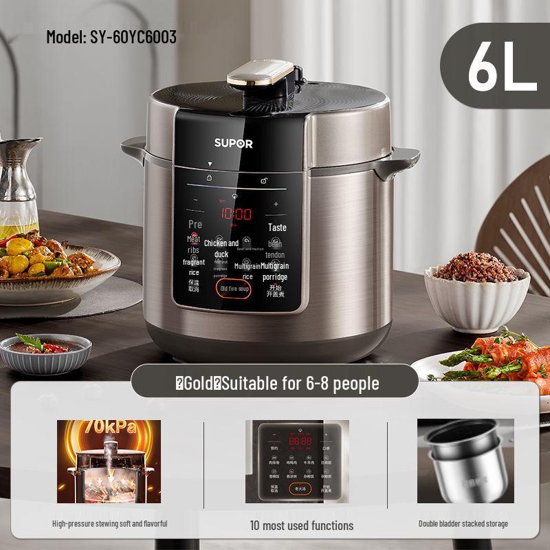 Supor 6L Multifunctional Electric Pressure Cooker with 304 Steel Pot and Intelligent Preset.