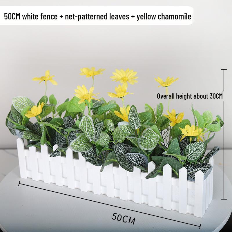 Silk Flower Pot with Wood Fence: Decorative Bonsai for Living Room or Office.