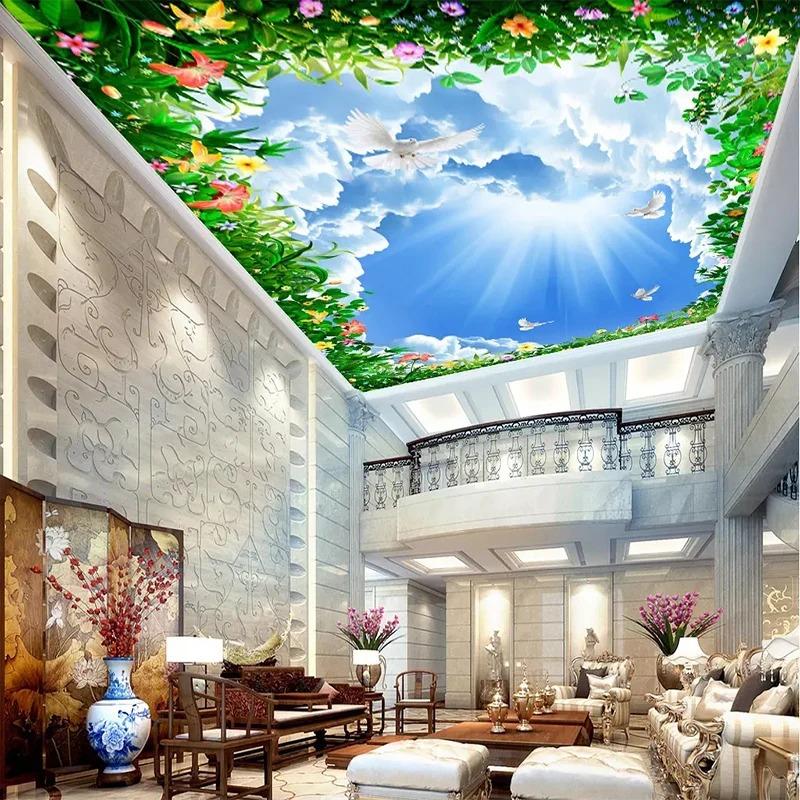 Custom Simple and High-end 3D Photo Wallpaper Blue Sky White Clouds Vine Ceiling  Luxury Living Room Bedroom Background Wall Decoration Wall Painting