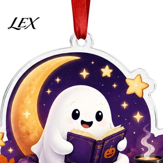 Reading Themed Window Hanging Halloween Ghost Ornament, Acrylic Holding Book Pumpkin Bookshelf Ornaments Black Cat Mummy Decor, 2D Cartoon Bookish