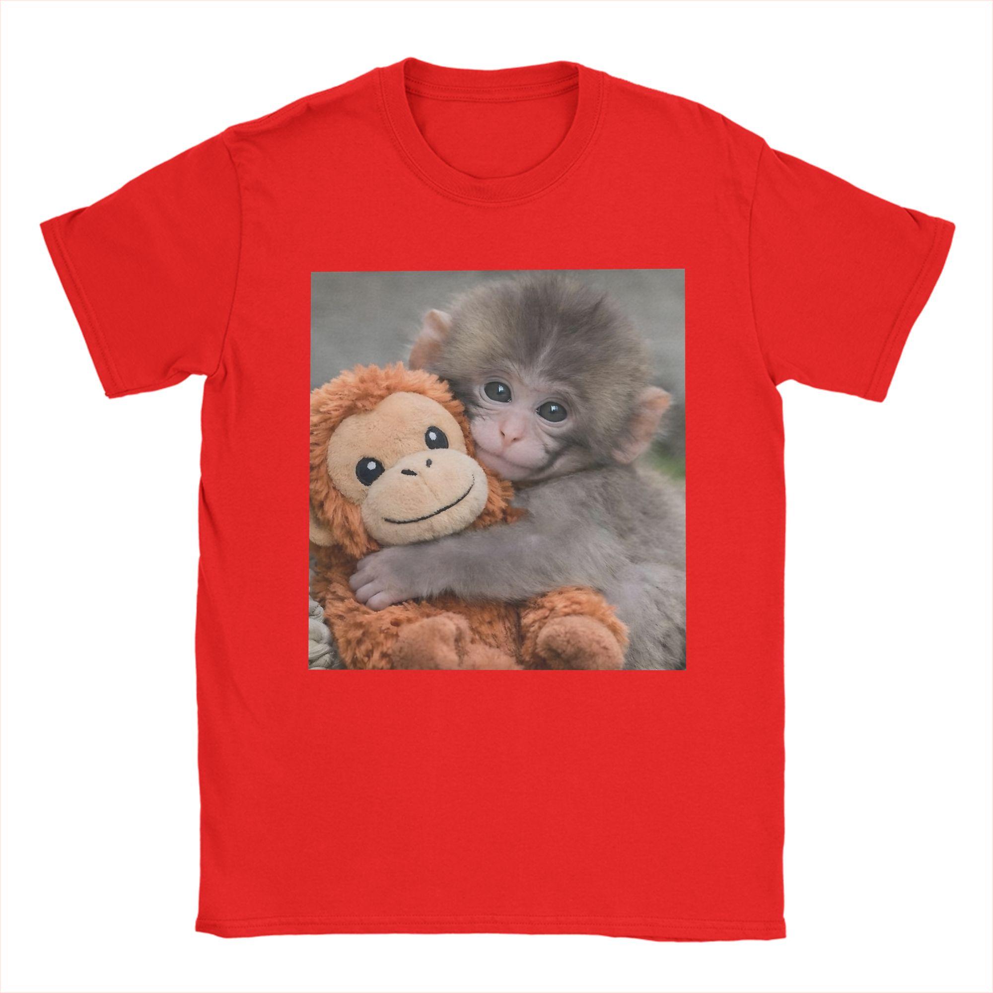 

Baby Monkey Punch Monkey And His Toy Friend T Shirts for Men Pure Cotton TShirt Crew Neck Tee Shirt Short Sleeve Clothes M