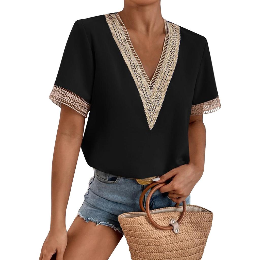 Women's Fashion Lace Trim Short Sleeve Chiffon Top