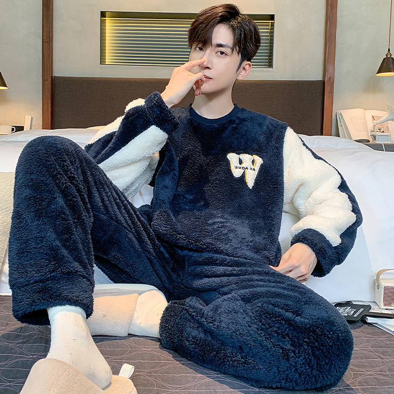 Thick Flannel Men's Pajamas Set Autumn Winter Plus Velvet Thicken Long Sleeves Sleepwear Pjs Nightwear Warm Lounge Wear Set