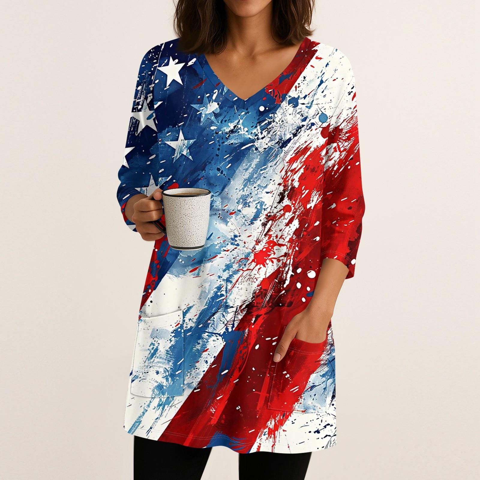 

Womens Tops V-neck 3/4 Sleeve Blouses Casual Mid-length Shirts Fashion Print Tunic Tops With Pockets L винний