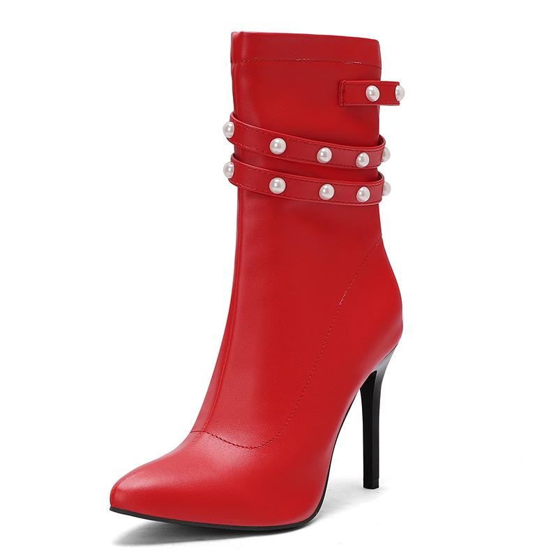 Модные высокие ботинки-всадники Пряжка для ремня Жемчужные короткие ботильоны Ботильоны на шпильке Клубные ботинки 40-50 Большие размеры