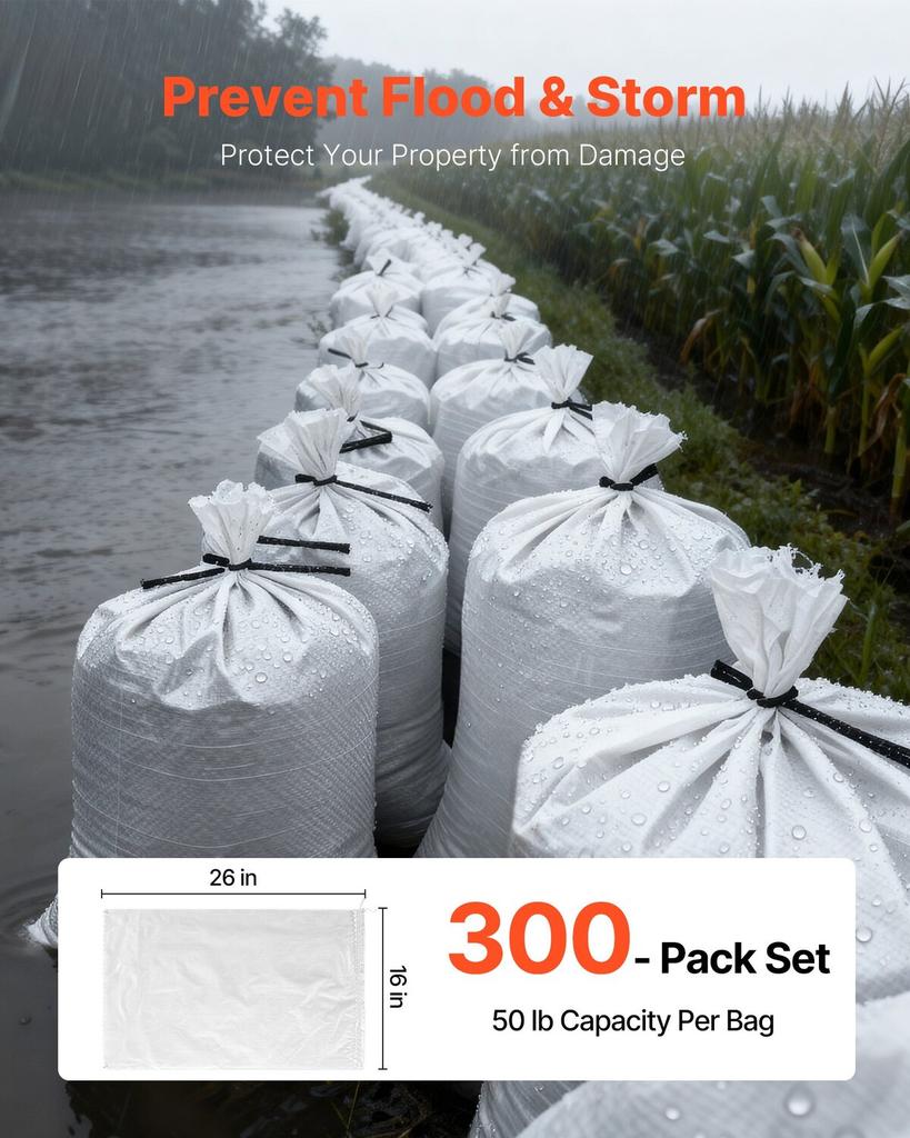 Empty Sandbags, 300 Packs 40 x 66 cm, Heavy Duty Sand Bags Sacks with Ties, 22.6kg Capacity Woven Polypropylene Sandbags, Tear-Resistant &