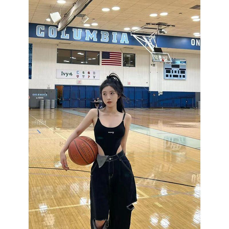 

Комбинезон с высокой посадкой на вилке, открывающий живот, прилегающего силуэта, визуально стройнящий, жилет на подтяжках Black without letters L