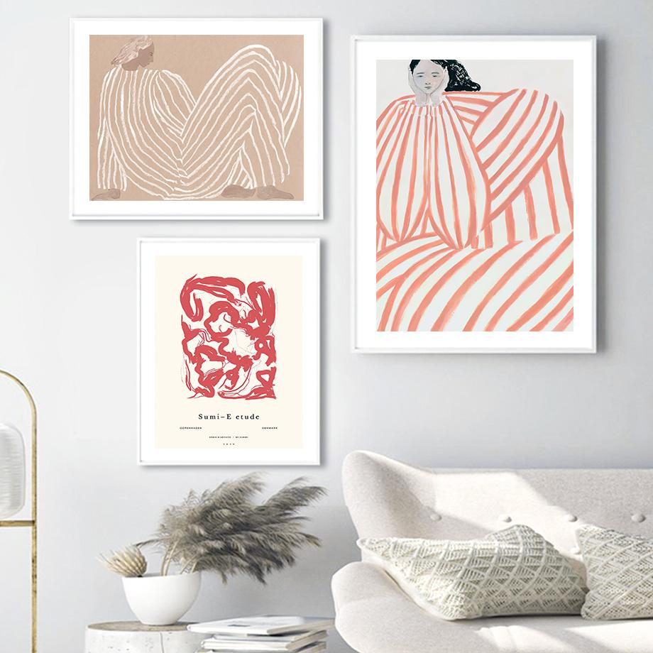 Abstract Minimalist Gallery Painting Wall Art Canvas, Curve Line Girl, Nordic Posters and Prints, Pictures for Living Room Decor