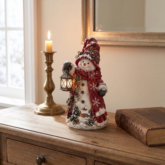 Christmas Snowman Figurines Figurine, Resin Tabletop Decoration with Hat Scarf Pine Handcrafted Snowmen Branches, Holiday Winter Decor for Home Mantel