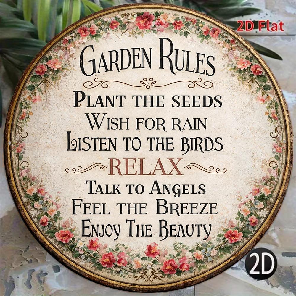 D Flat pc D Flat Round Sign Vintage Garden Rules Inspirational Quote Frameless Wall Hanging For Patio Balcony Living