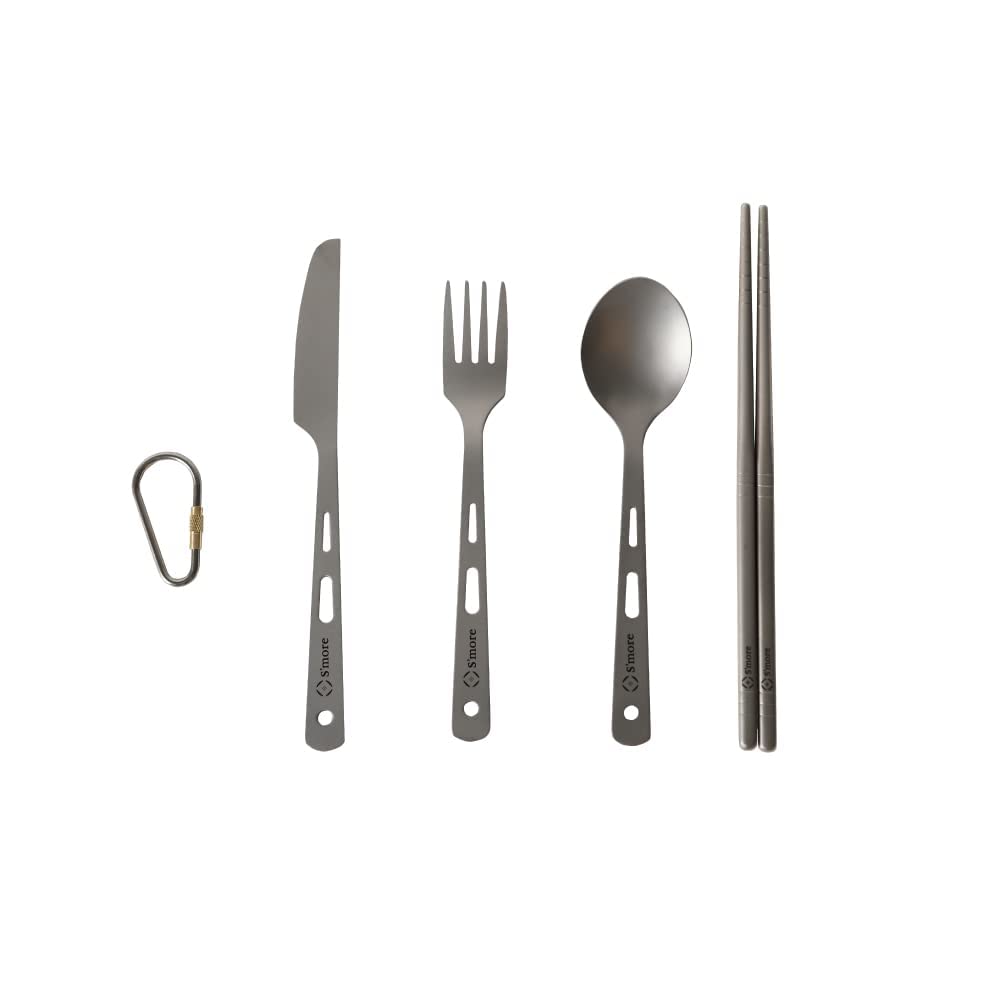 Titanium Cutlery Set Camping Cutlery Set Outdoor Knife Fork Spoon Chopsticks Titanium Camping Cutlery Picnic BBQ Portable Tableware S'more 4-Piece