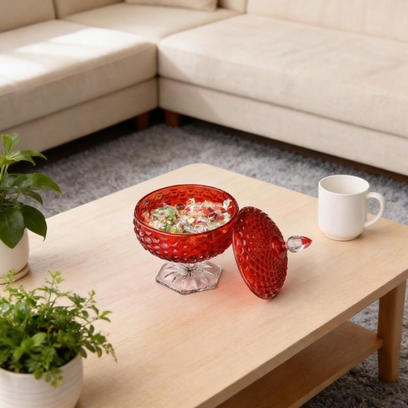 Bocal à Bonbons Épais en Verre Cristal Rouge avec Couvercle Boîte à Bijoux Ornementale Estampée Élégante Sucrenière pour Décorations de Mariages Fêtes