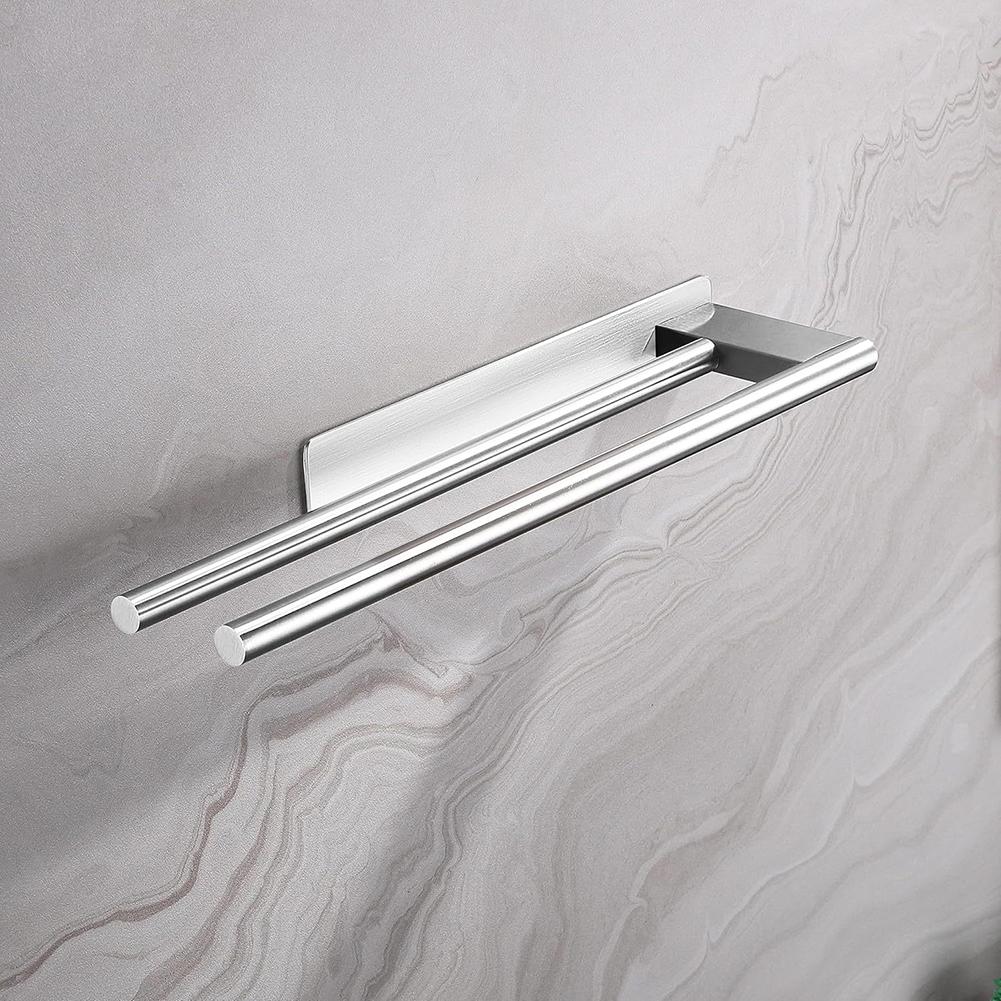 Self-Adhesive Towel Holder Stainless Steel Towel Rack Double Towel Rack Bathroom Perforated Towel Hanging Pole Bathroom Accessor