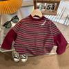 Korean Style Kids Boys Striped Splicing Loose Basic Kids T-Shirt Autumn Soft Breathable Children Clothes