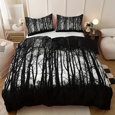 3-teiliges Schwarzes Baumwald Bettwäsche-Set Bettbezug-Set Kissenbezüge Ohne Füllung Hochauflösender Druck Queen King Size für Zuhause Schlafzimmer