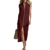 Women's Color Sleeveless Zipper Stand Up Collar Fashionable Slit Casual Dress