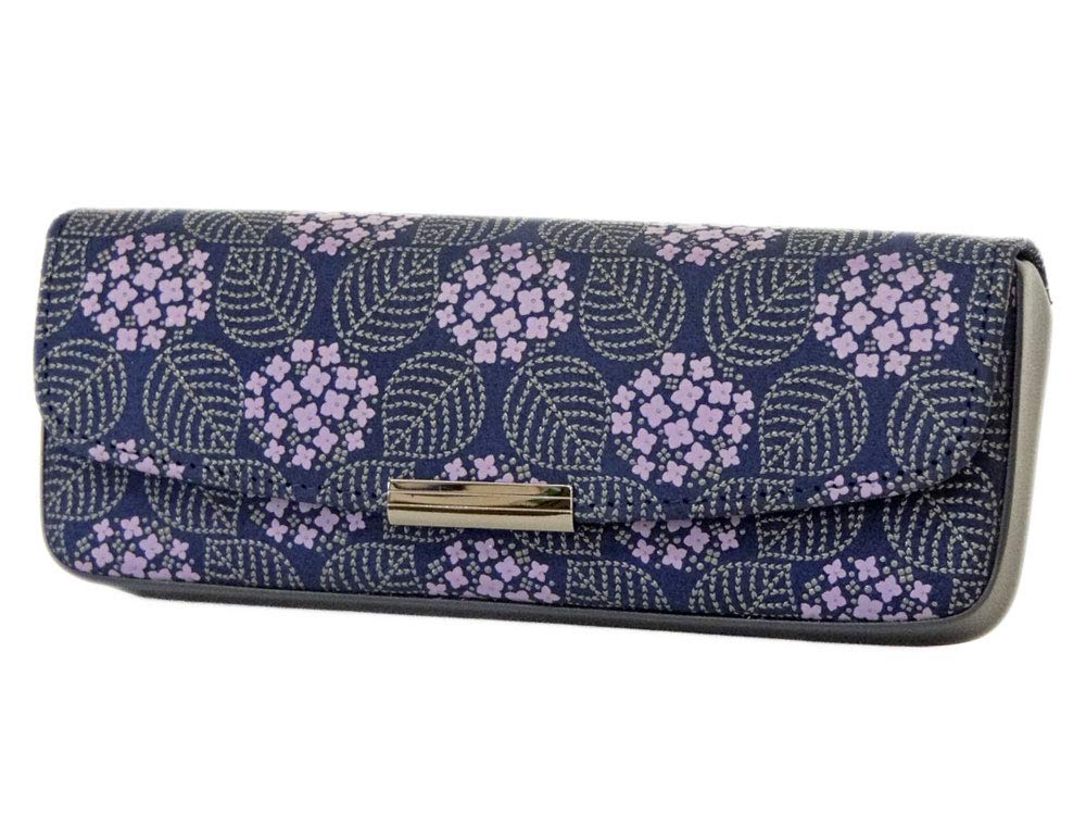 Large Hard Eyeglass Inden Navy Blue Deerskin with Gray Purple Chintz Hydrangea Pattern [Inden-ya] Case, 8007, Misono, Lacquer, Design,
