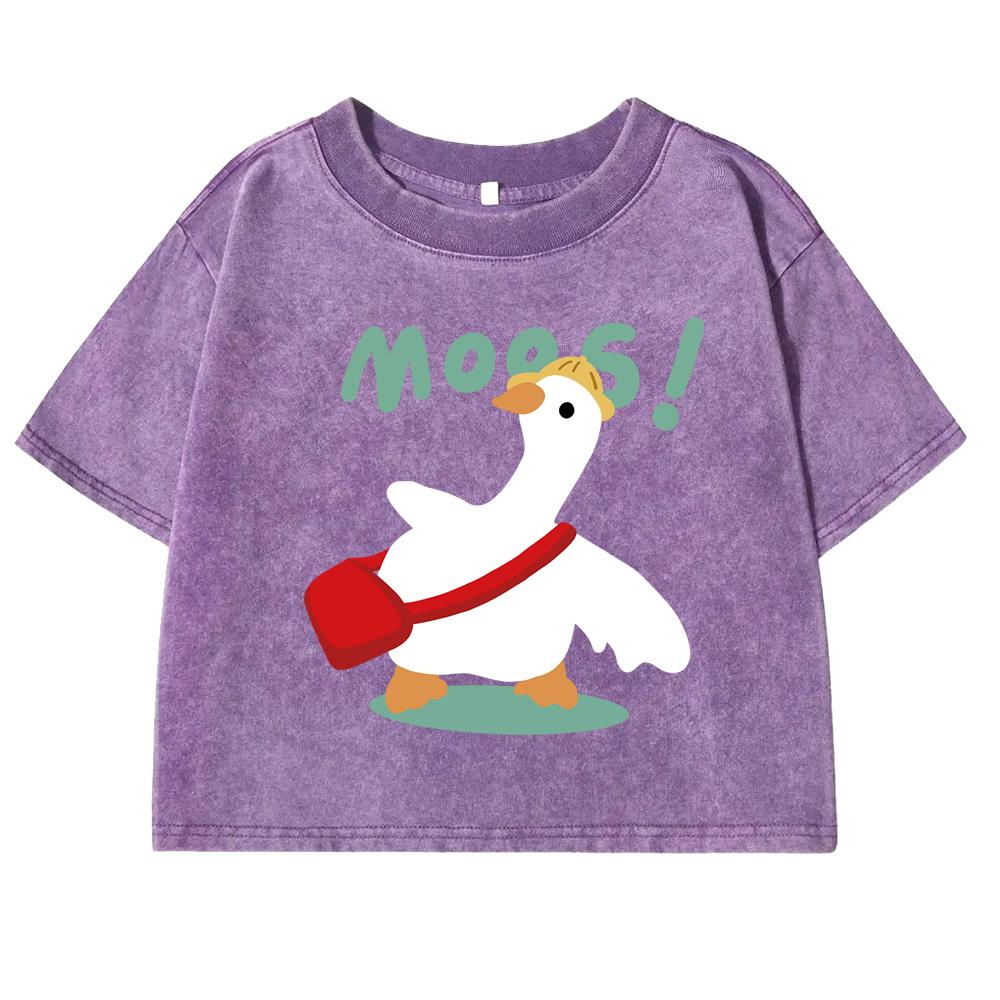 Cartoon Duck Pattern Print Retro Tee Shirt Women Washed Cotton Casual T Shirts Clothes Street Hip Hop Crop Top