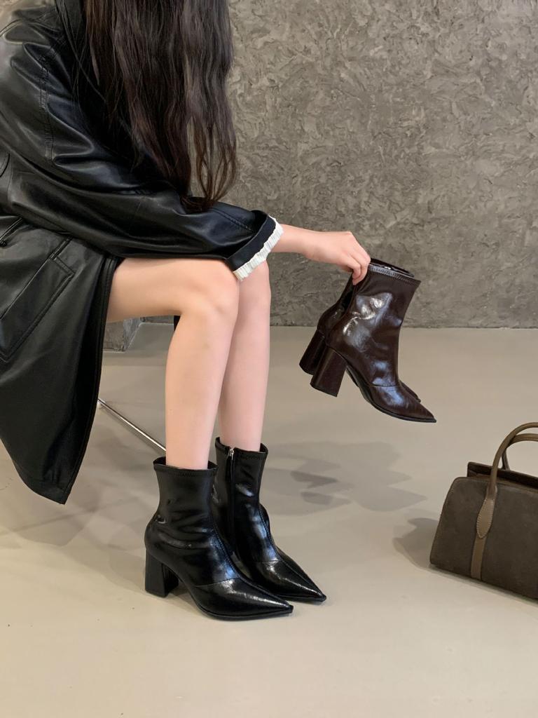 Patent Leather High-heeled Short Boots Women's 2025 Autumn and Winter New Thick Heel Thin Boots Pointed British Style Medium Tube Thin Martin Boots