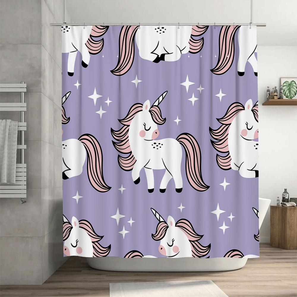 Little Unicorn Shower Curtain Purple Unicorn Bathroom Decor Kids Cute Bath Mat Home Decor Ideas For Girl'S Room Waterproof Fabri