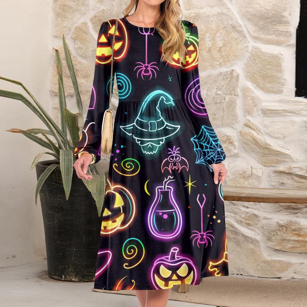 Women's Fashionable Loose Halloween Printed Round-neck Dress