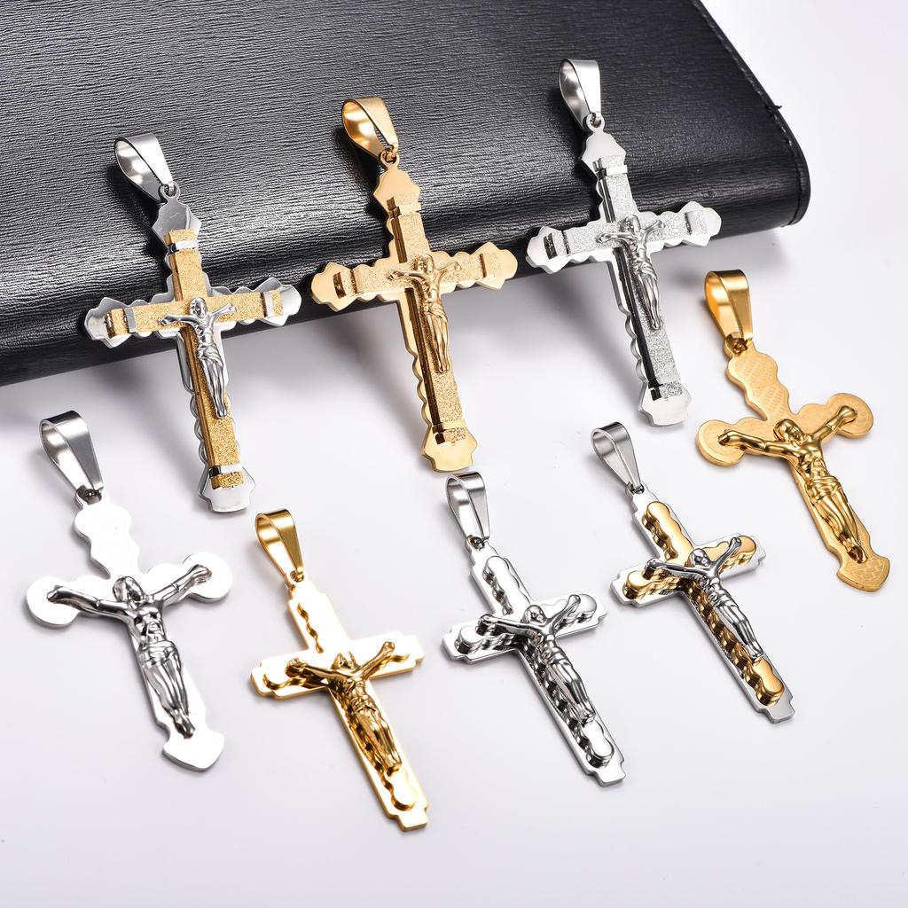 Stainless Steel Punk Jesus Crucifixion Cross Pendant Necklace for Women Men Religious Faith Prayer Charms Chain Metal Jewelry