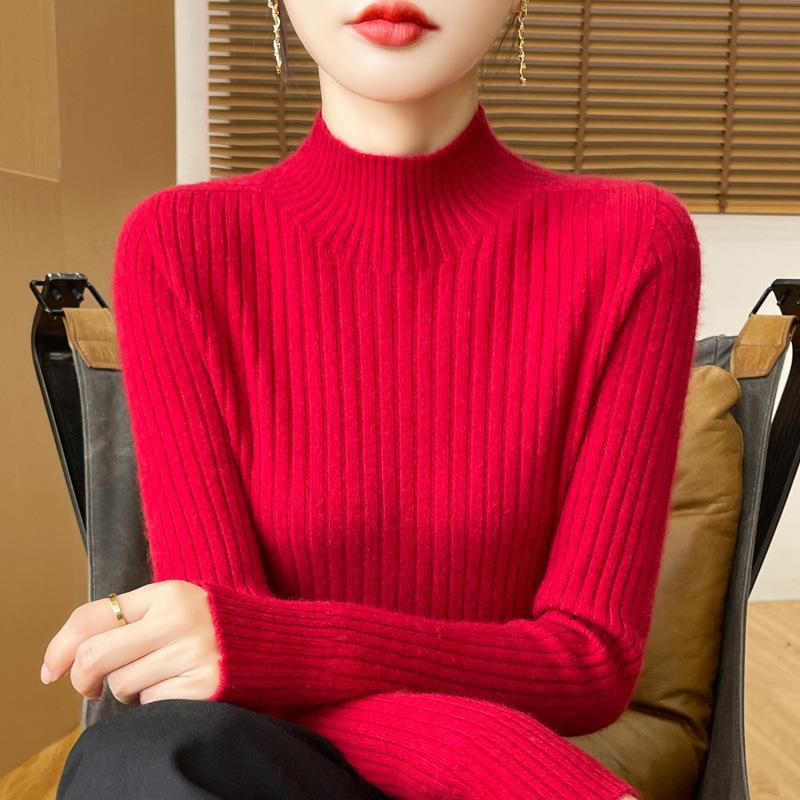 Half-high Neck Pit Stripe Sweater Women Fall and Winter Warm Inner Slim Thin Knit Sweater Bottoming Shirt