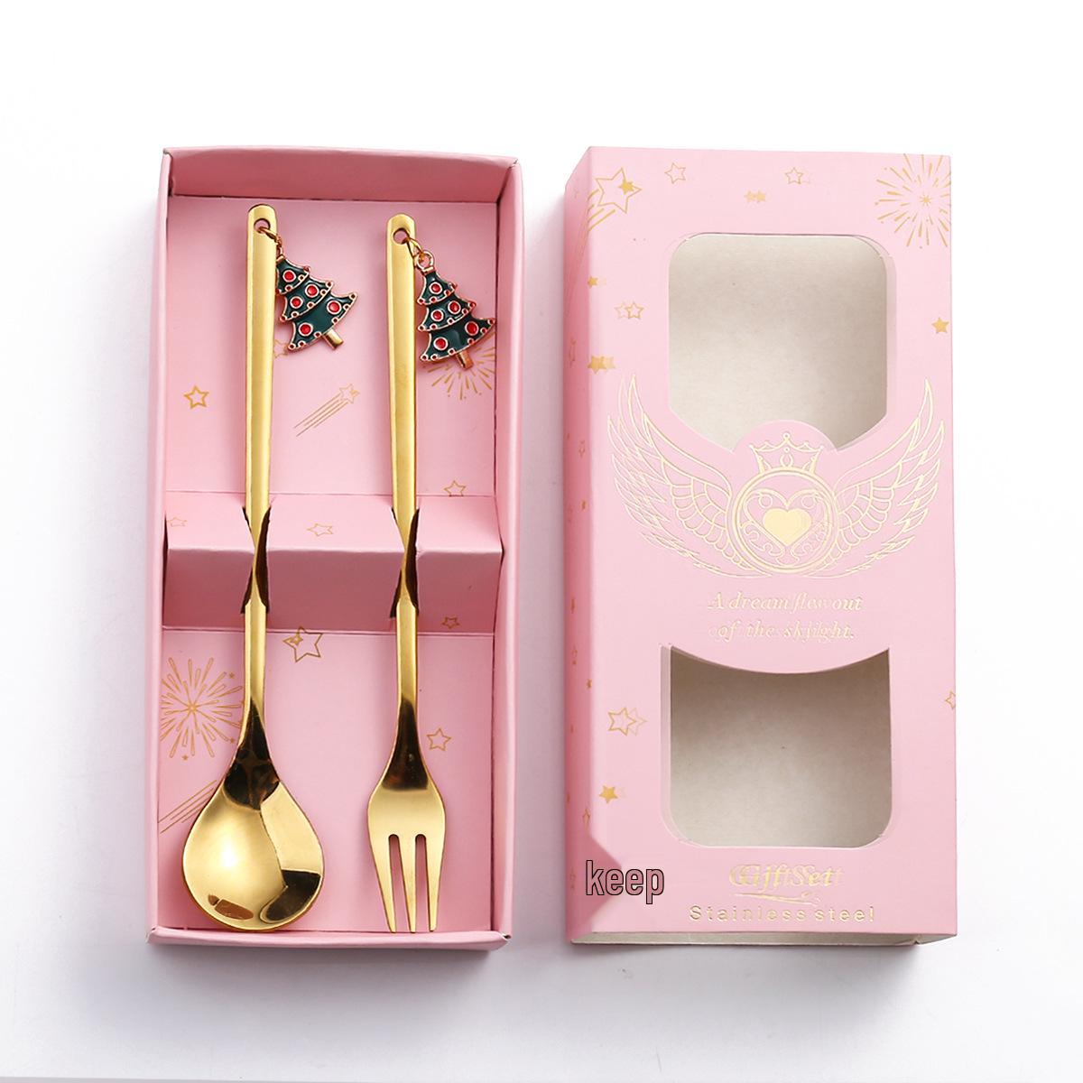 J Stainless Steel Christmas Cartoon Spoon & Fork Set - 6-Piece Festive Dessert & Coffee Gift Box