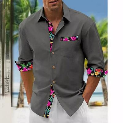 Herren Leinenhemd Knopf Strandhemd Langarm floraler Revers Frühling und Herbst Freizeit Alltagskleidung Kleidung Nähte
