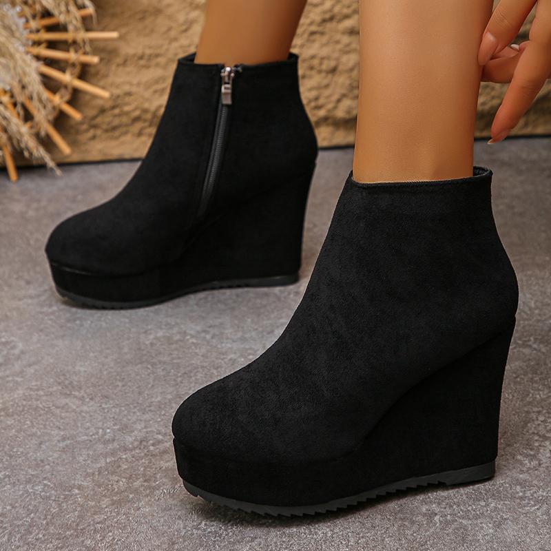 Fashion Black Wedge High Heel Ankle Boots Women Faux Suede Chunky Platform Boots Woman 2025 Plus Size 35-42 Zipper Short Booties Mujer
