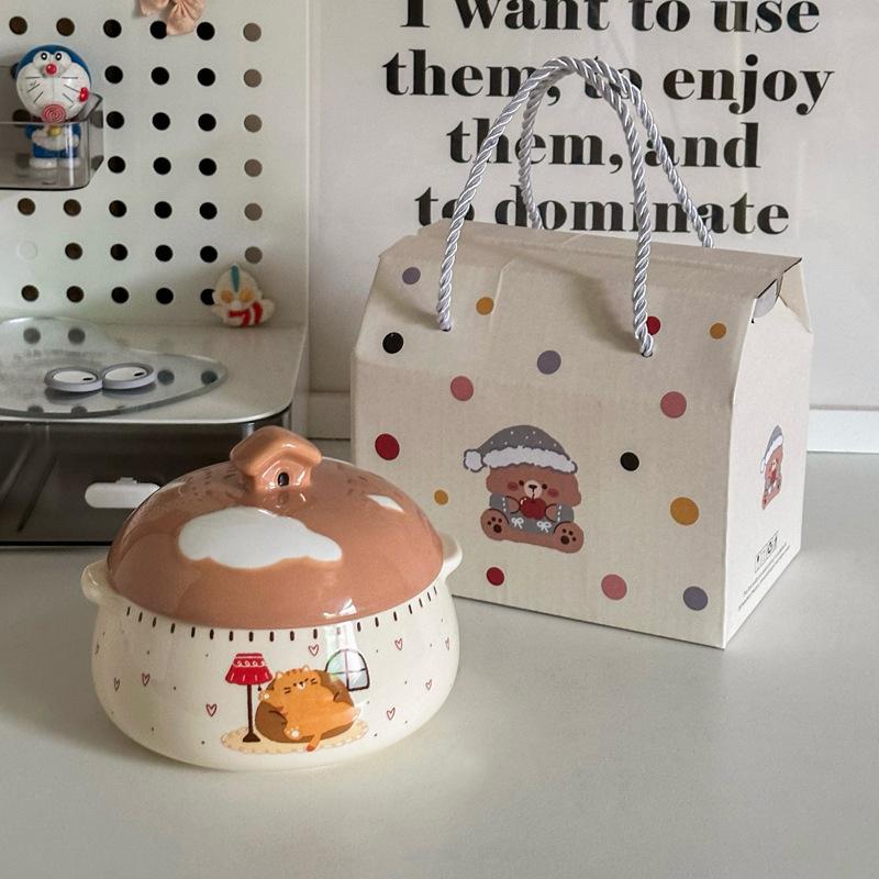 Ins Cute Ceramic Steamed Egg Bowl with Lid Crock Pot Binaural Stew Cup Soup Cup Household Steamed Egg Custard Children's Special Bowl