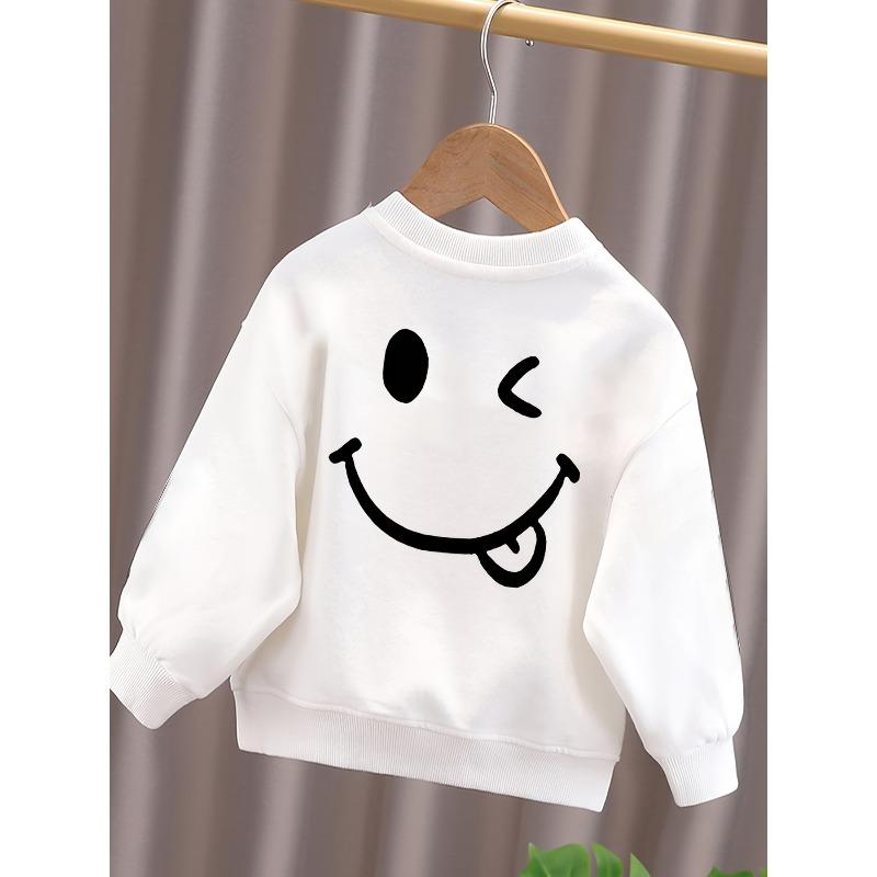 European sizes Round Neck Hoodie for Kids, Comfortable And Versatile with Smiling Face Print And Trendy Long Sleeved Top