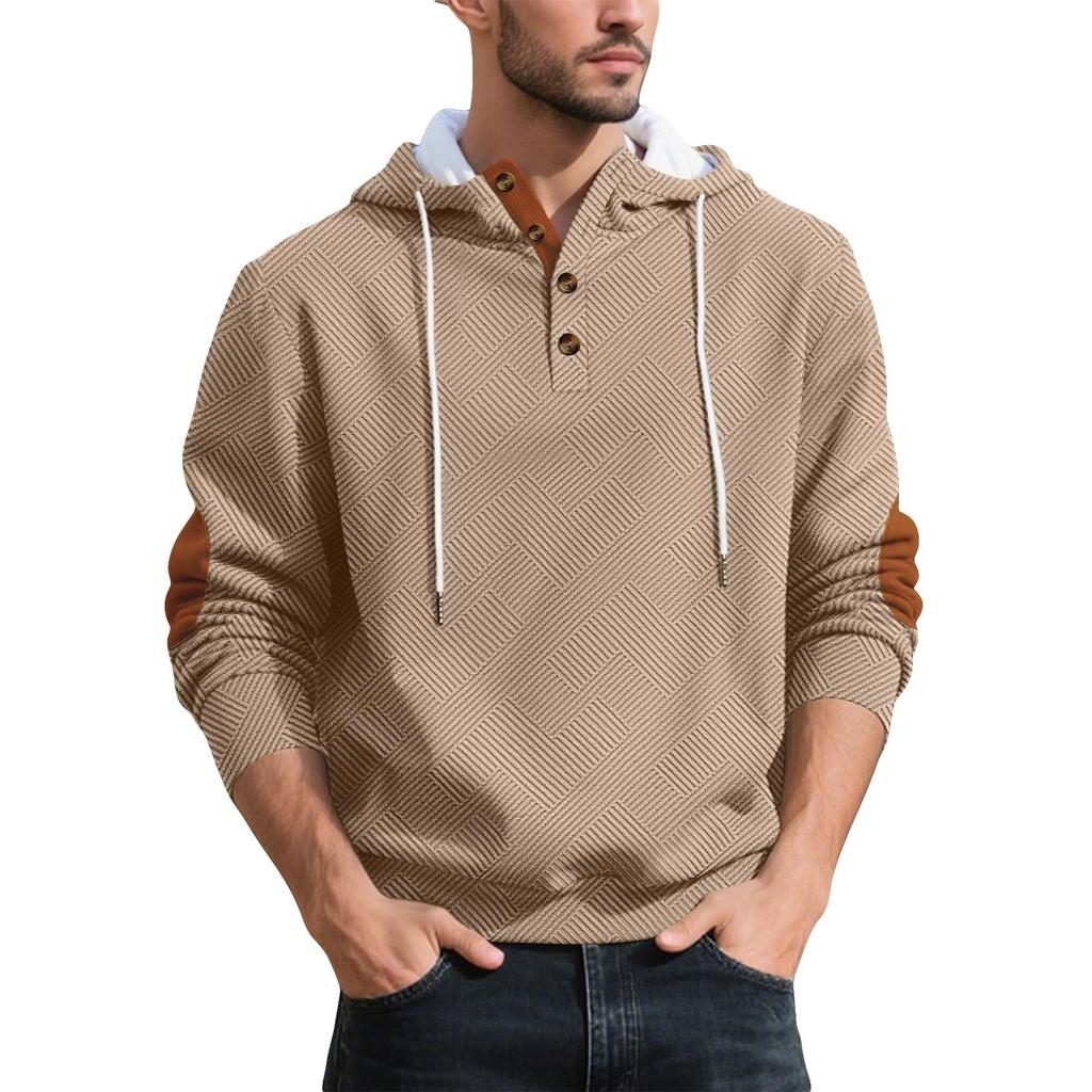 Men's Casual Loose Fit Hooded Sweatshirt with Pattern and Elbow Long Sleeve Athletic Pullover