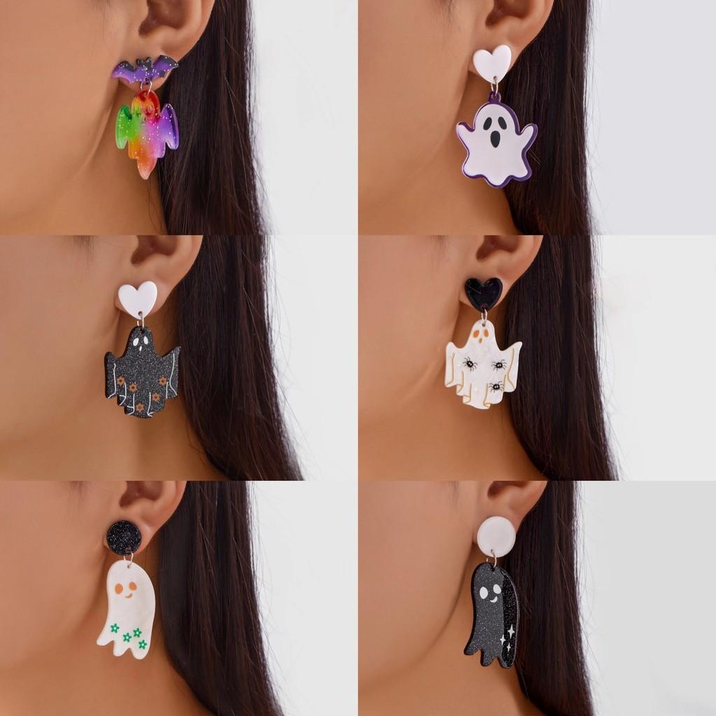 Halloween Bat Pumpkin Ghost Acrylic Earrings With Asymmetrical Animal Design For Festive Wear