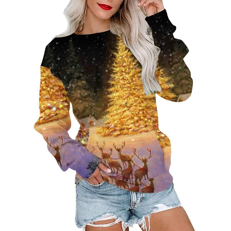 Autumn Winter Fashion Christmas Series Christmas Tree Elk Printed Pocket Round Neck Hoodie