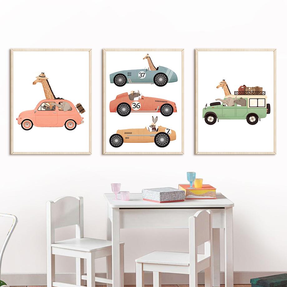 Giraffe Elephant Bear Animal Car Travel Canvas Painting Kindergarten Wall Art Nordic Posters and Printmaking Murals