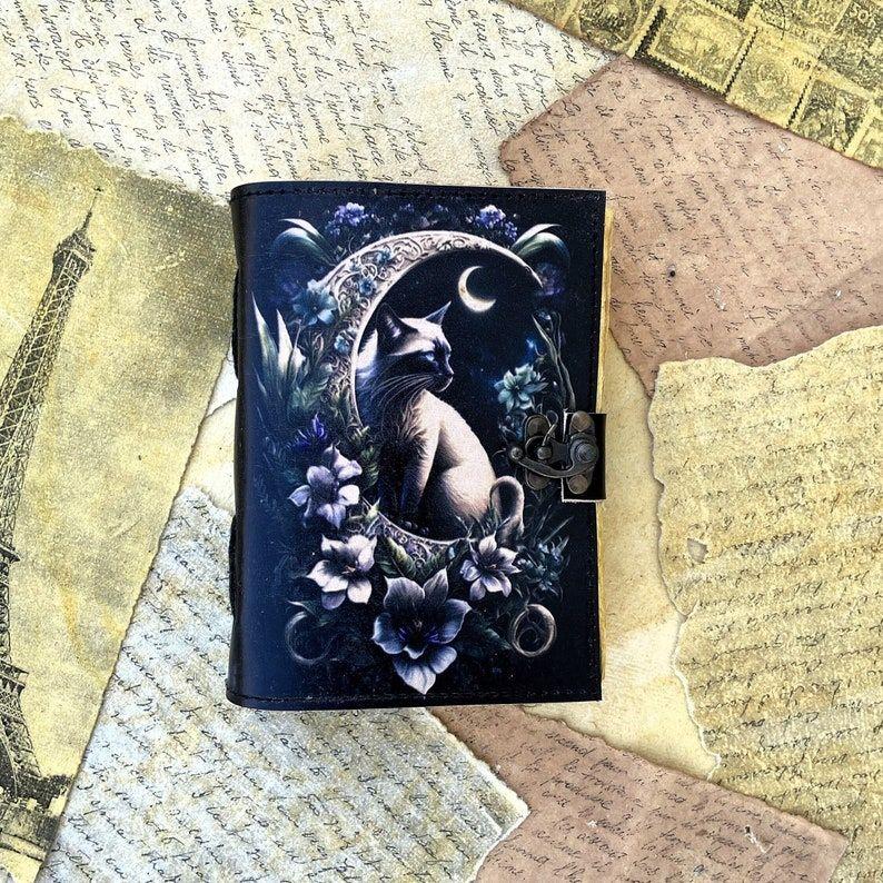 

Cat Gift for Her Leather Journal Vintage look Wedding Guest book Leather Notebook with 200 deckle paper and C lock Closure 7 x 5 in