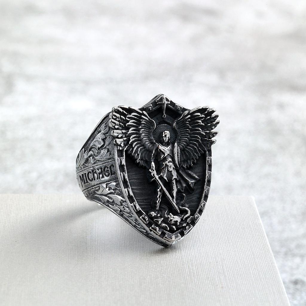 Vintage Stainless Steel Men's Ring Solid Punk St. Michael's Angel Dragon Slayer Ring