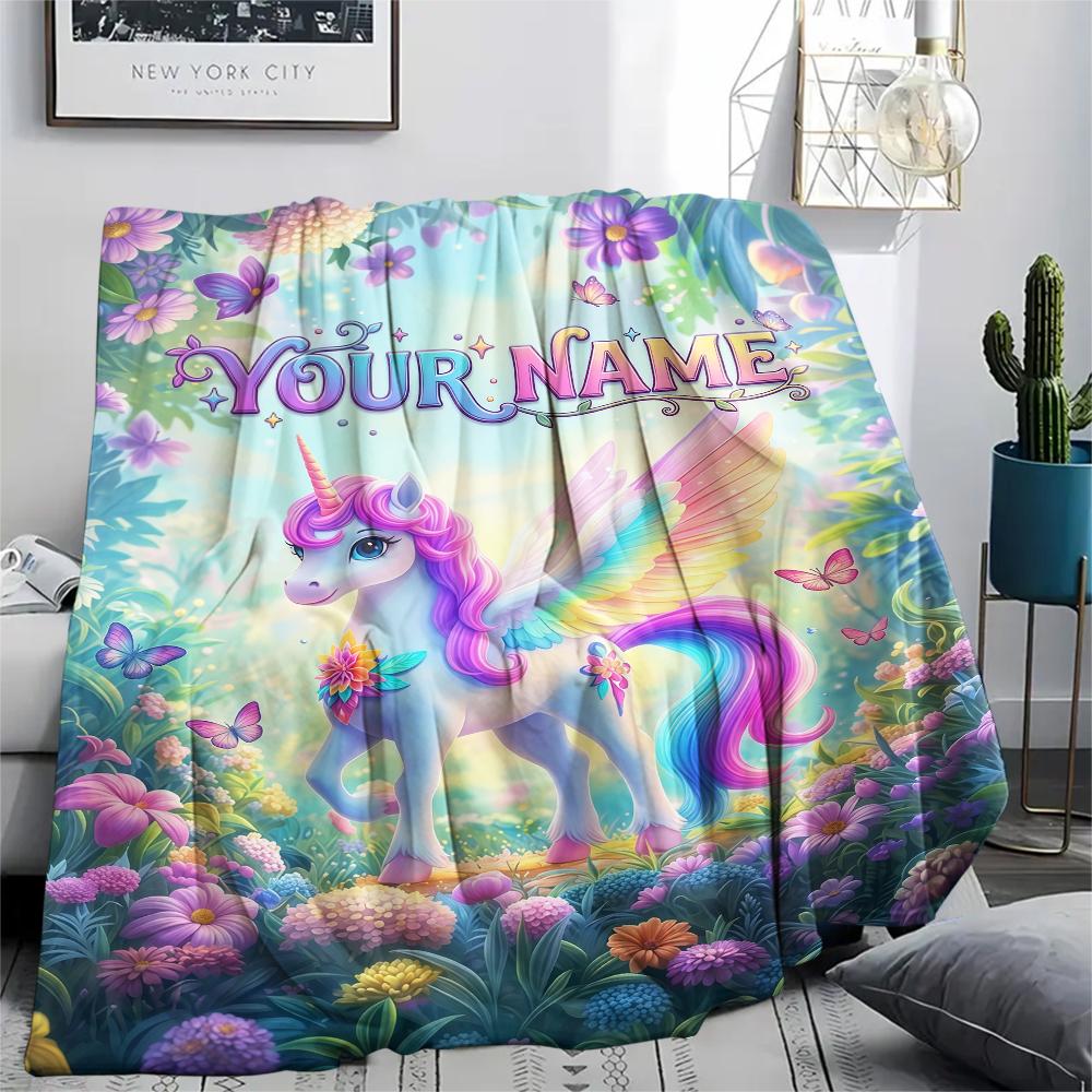 1PC Custom Name Unicorn Fantasy Garden Patterned Flannel Blanket Suitable For All Seasons for Home Decor Warmth and Comfort Gifts Holiday Present_lx