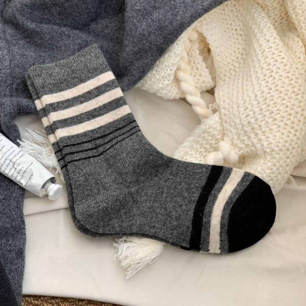 Winter Striped Wool Socks - Japanese Academy Style, Mid-Calf, Slouchy, Warm for Women