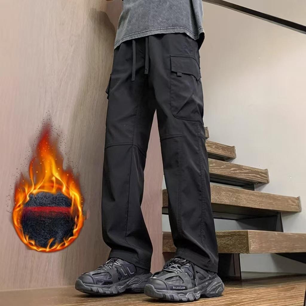 Men's Spring Autumn Loose Sports Straight Leg Outdoor Hiking Long Pants American Style Fleece Lined Cargo Casual Pants