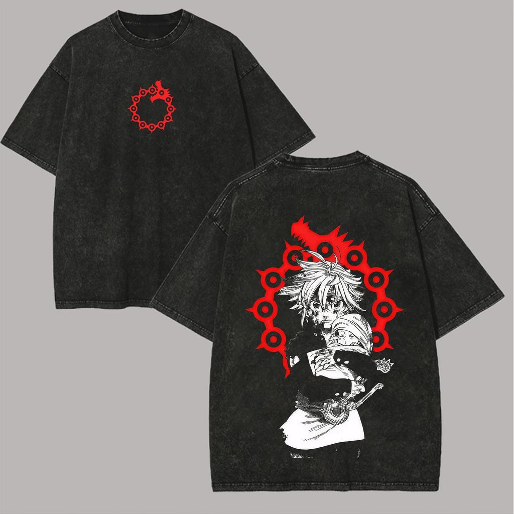 Seven Deadly Sins Graphic Unisex Men Women Acid Washed Oversized T-shirt Streetwear Harajuku Cotton High Quality Female Male Clothing
