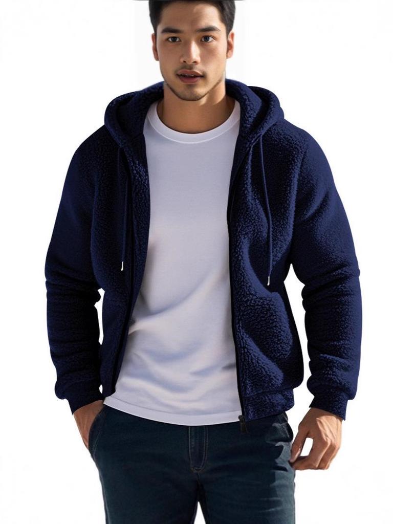 Men's American Style Double-Sided Fleece Hooded Jacket - Autumn/Winter, Zipper, Loose Fit, Casual Sweatshirt.