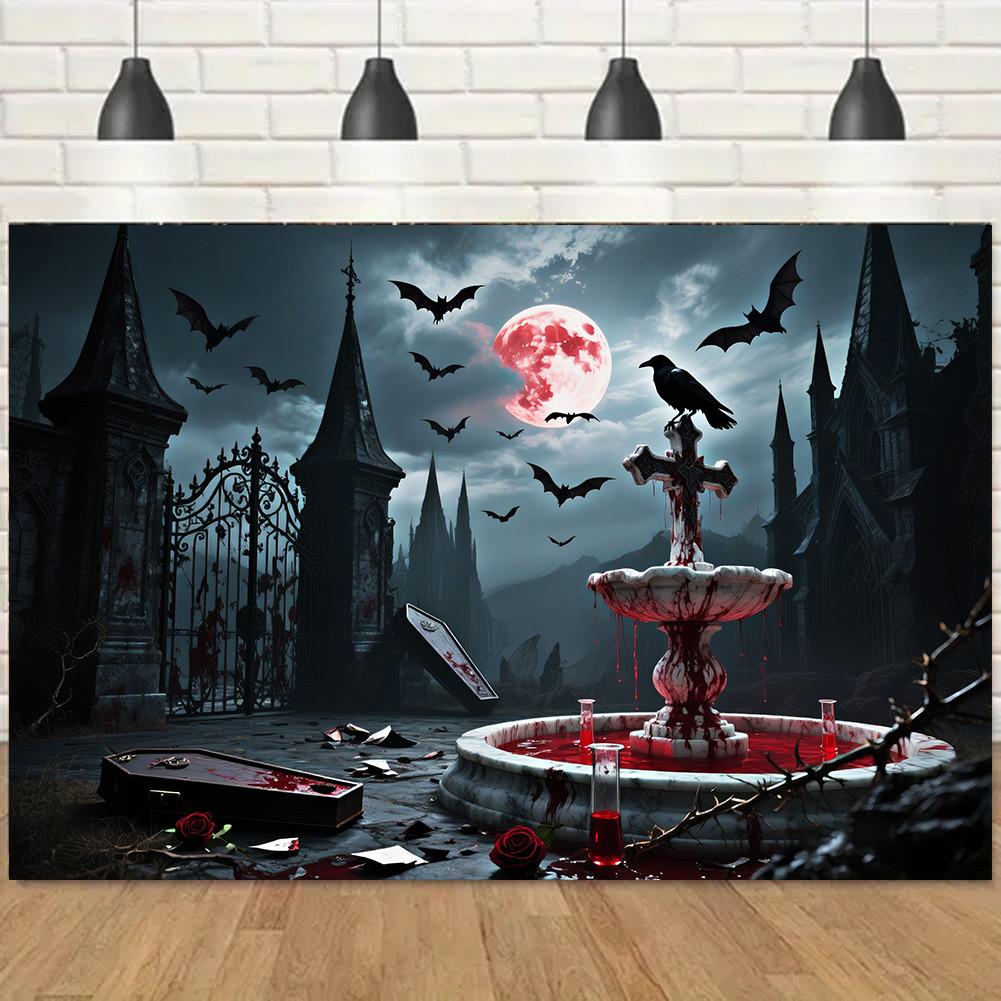 Red Full Moon,Crows,Castle,Bat Elements-Halloween Backdrop Tapestry for Party,Photography Booth,Festive Decor,Wall Decor